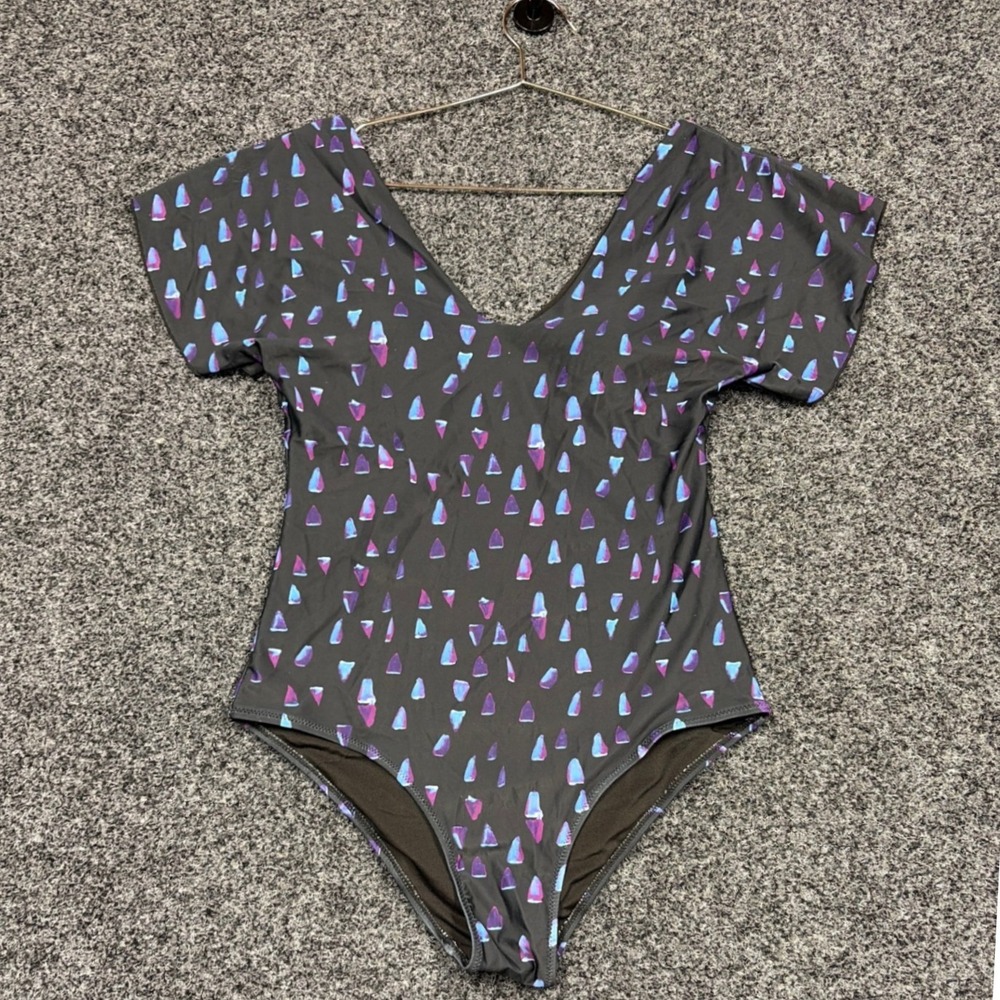 Byinns Bodysuit Womens M Gray Purple Geometric V-Neck Short Sleeve Streetwear